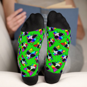 CUTE Crazy Colorful Cool Rainbow Cats on Green Socks