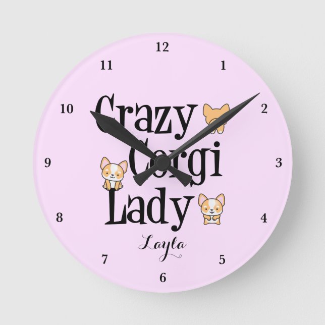 Cute Crazy Corgi Lady Personalized Pink Round Clock (Front)