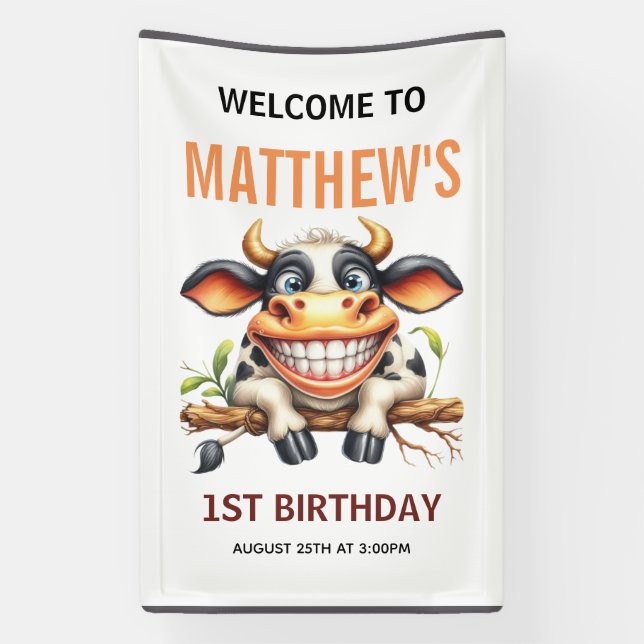 Cute Crazy Cow Farm Theme 1st Birthday Banner (Vertical)