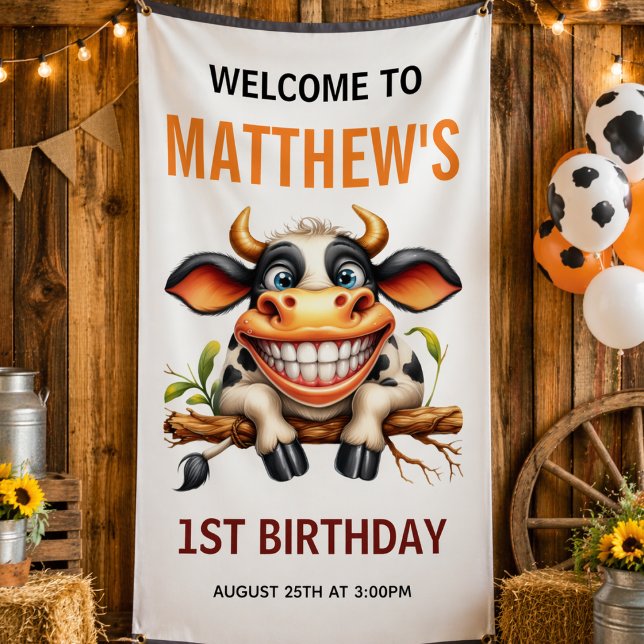Cute Crazy Cow Farm Theme 1st Birthday Banner (Cute Crazy Cow Farm Theme 1st Birthday banner)