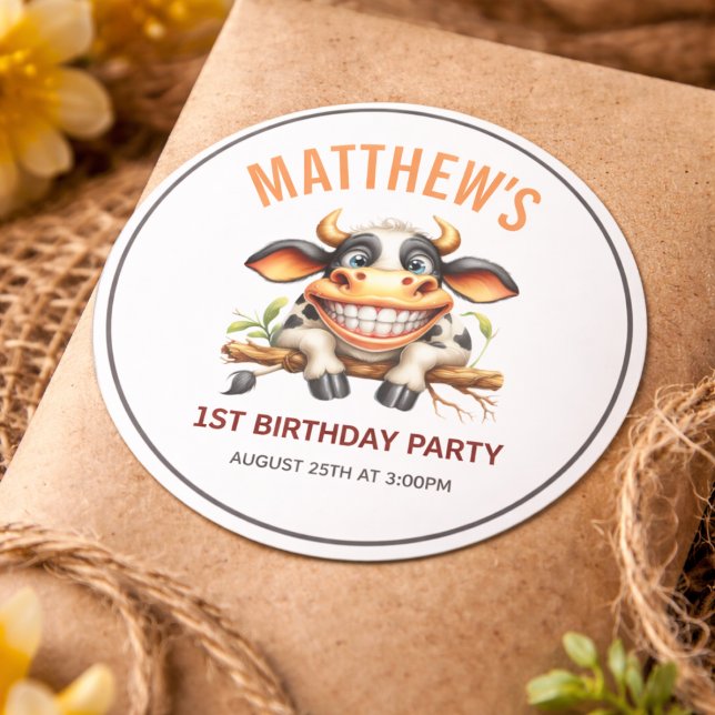 Cute Crazy Cow Farm Theme 1st Birthday Classic Round Sticker (Cute Crazy Cow Farm Theme 1st Birthday Classic Round Sticker
)