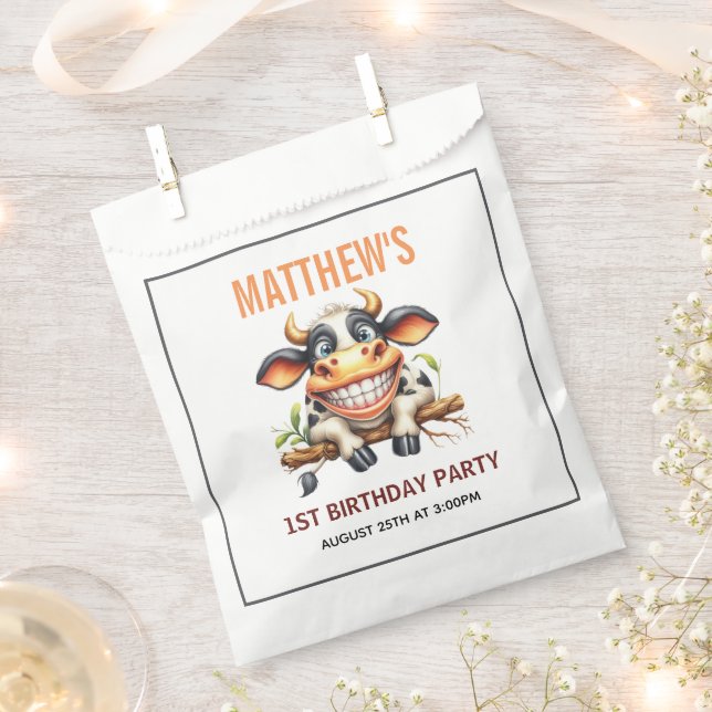 Cute Crazy Cow Farm Theme 1st Birthday Favor Bag (Clipped)