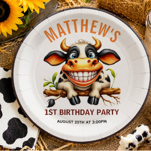 Cute Crazy Cow Farm Theme 1st Birthday Paper Plates