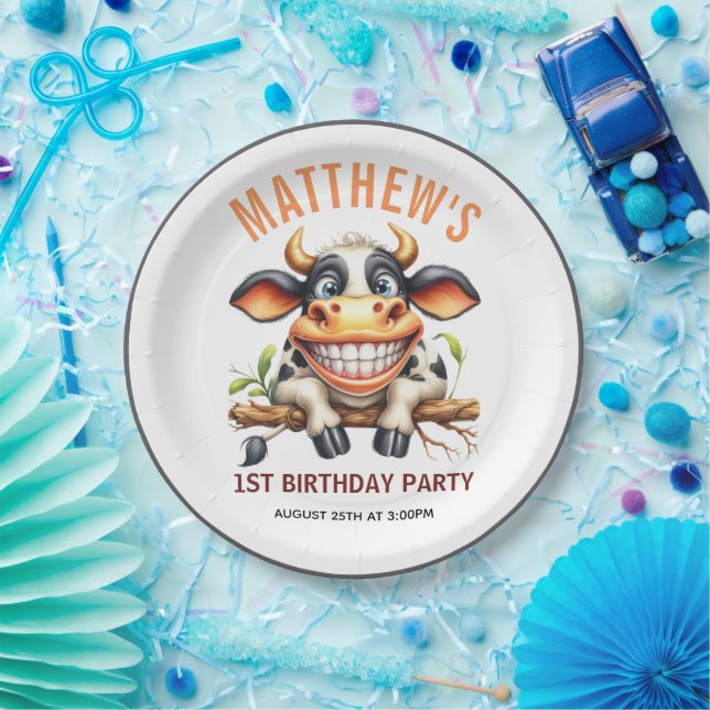 Cute Crazy Cow Farm Theme 1st Birthday Paper Plates (Party)
