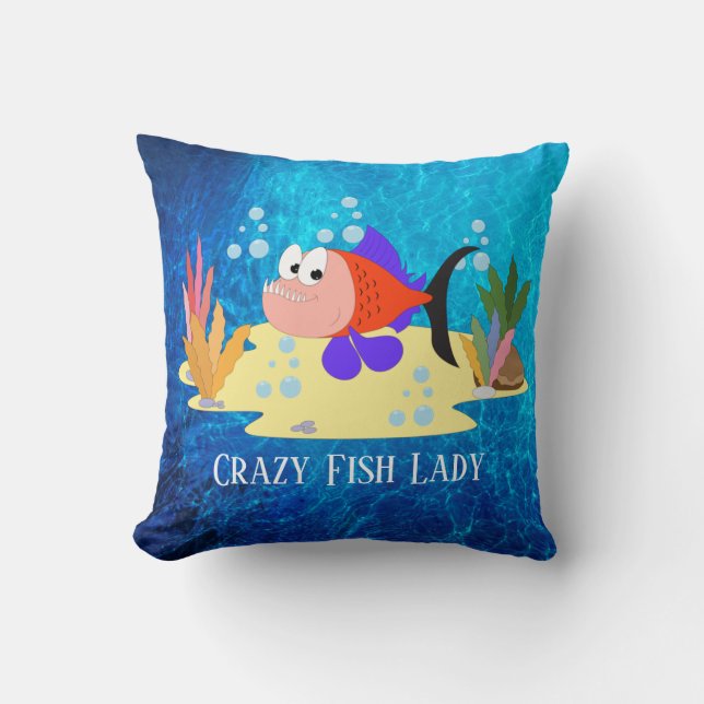 cute crazy fish lady add text throw pillow (Front)