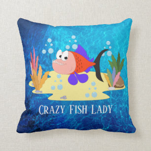 cute crazy fish lady add text throw pillow