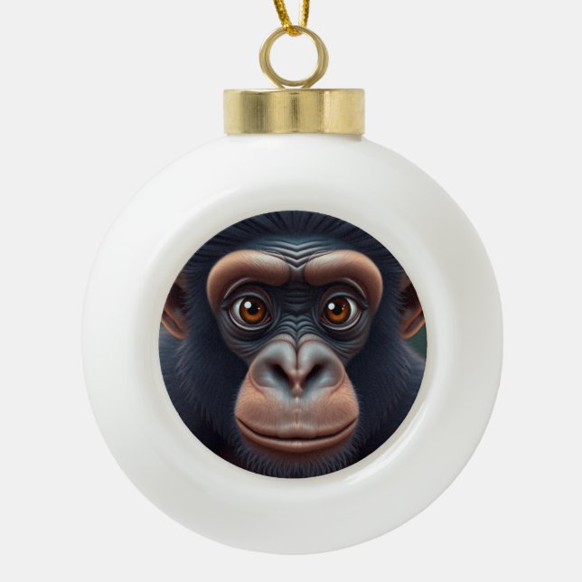 Cute Crazy Funny Chimpanzee Anime Portrait Ceramic Ball Christmas Ornament (Front)