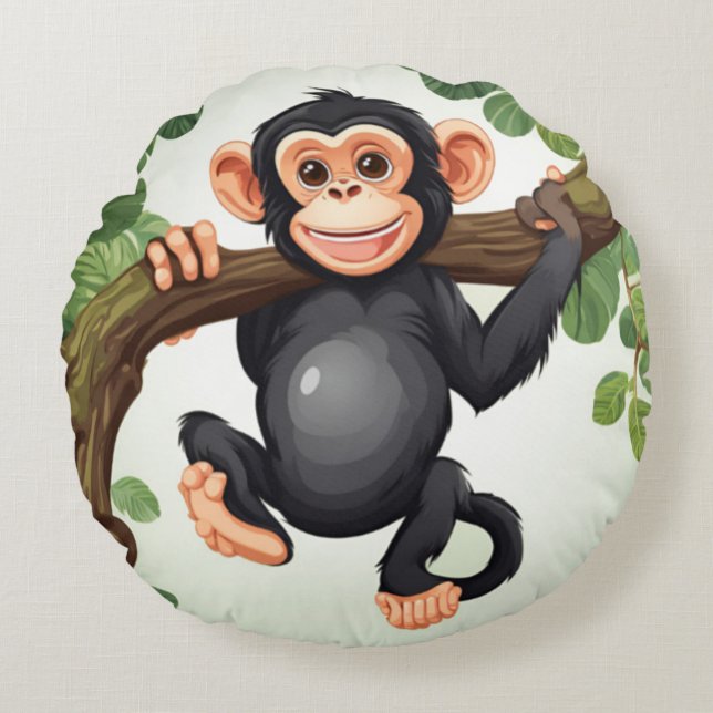 Cute Crazy Funny Chimpanzee Cartoon Round Pillow (Front)