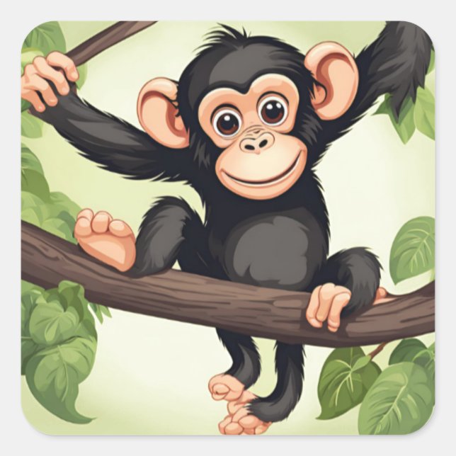 Cute Crazy Funny Chimpanzee Cartoon Square Sticker (Front)