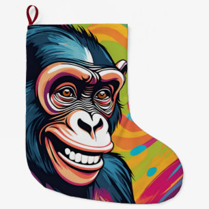 Cute Crazy Funny Chimpanzee Large Christmas Stocking