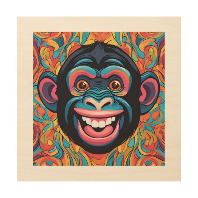 Cute Crazy Funny Chimpanzee  Wood Wall Art (Front)