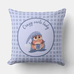 Cute Crazy Lady Blue Gray Baby Owl Cap Throw Pillow