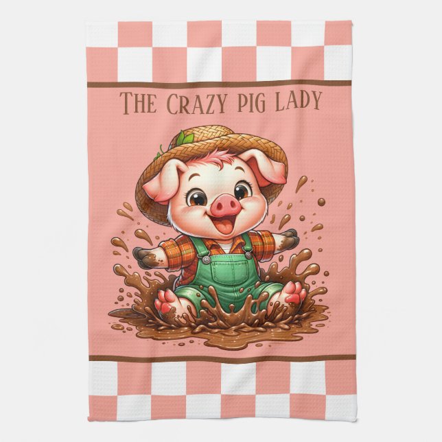 Cute crazy pig lad add text  kitchen towel (Vertical)