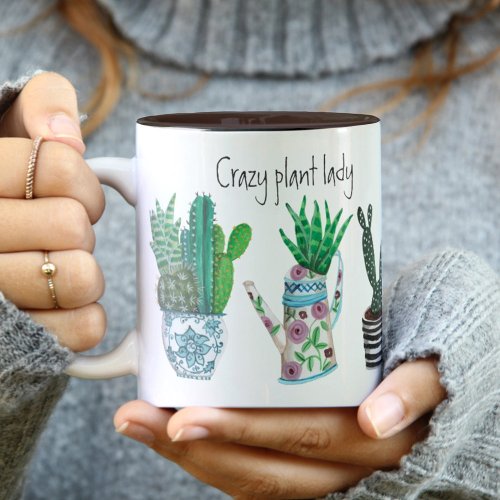 Cute crazy plant lady green plant lover cactus Two_Tone coffee mug