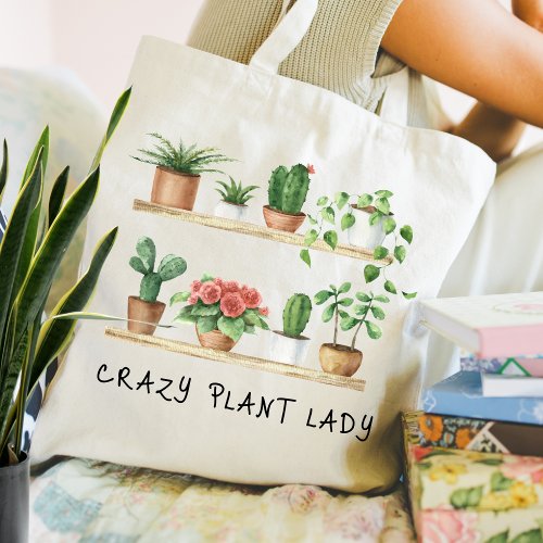 Cute Crazy Plant Lady Watercolor Potted Plants Tote Bag