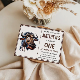 Cute Crazy wildebeest Farm Theme 1st Birthday Invitation
