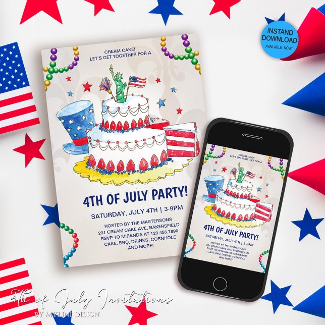 Cute Cream Cake Patriotic 4th of July Party Invitation (Creator Uploaded)