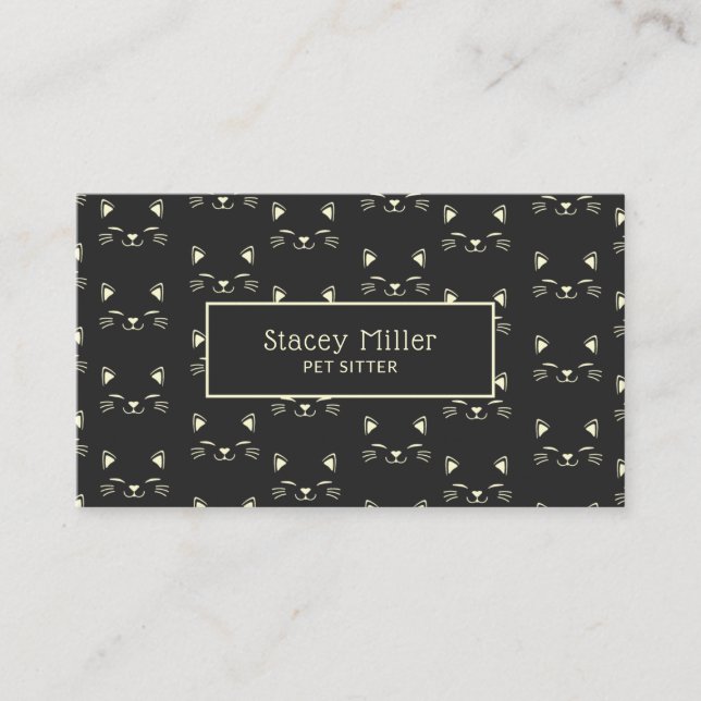 Cute Cream Charcoal Cat Faces Pet Sitter Business Card (Front)