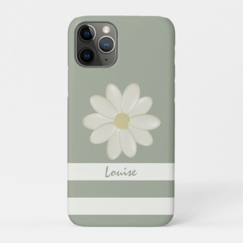 Cute Cream Daisy Flower Stripe Sage Green Name iPhone 11 Pro Case