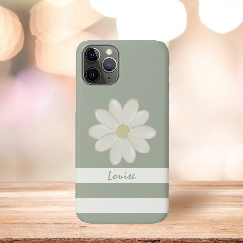 Cute Cream Daisy Flower Stripe Sage Green Name iPhone 11 Pro Case