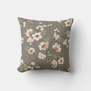 cute cream flowers with green leaves pattern on br throw pillow