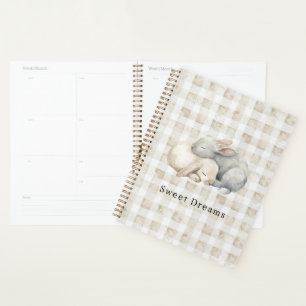 Cute Cream Grey Sleeping Bunnies Plaid Planner