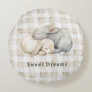 Cute Cream Grey Sleeping Bunnies Plaid Round Pillow