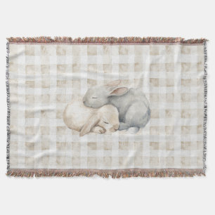 Cute Cream Grey Sleeping Bunnies Plaid Throw Blanket