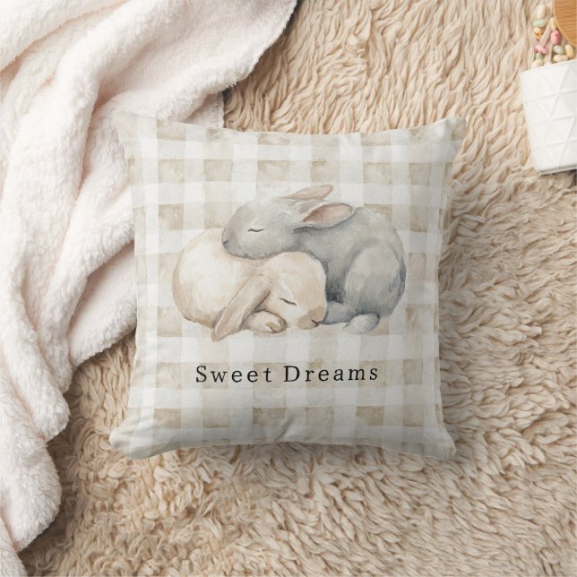 Cute Cream Grey Sleeping Bunnies Plaid Throw Pillow (Blanket)