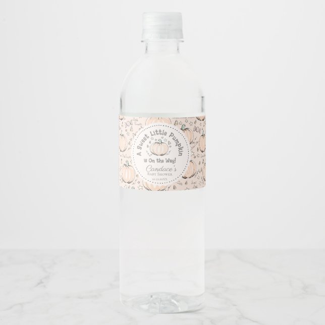 Cute Cream Little Pumpkin Fall Baby Shower Water Bottle Label (Front)