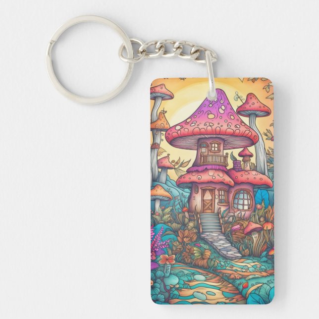 Cute Creative Mushroom Hut Illustration Keychain (Front)