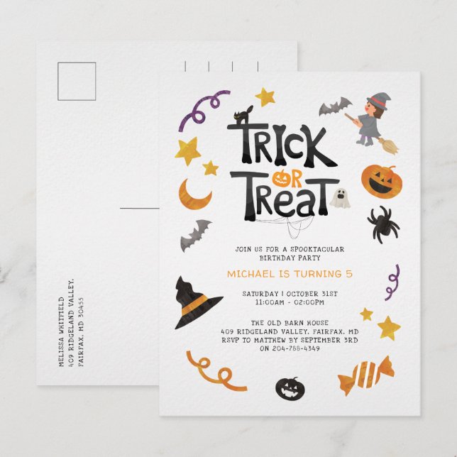 Cute Creatures Halloween Monsters Birthday Party Invitation Postcard (Front/Back)