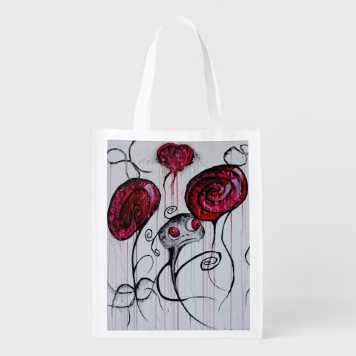 Cute  Creepy Creature Red Pink Goth Original Art Grocery Bag