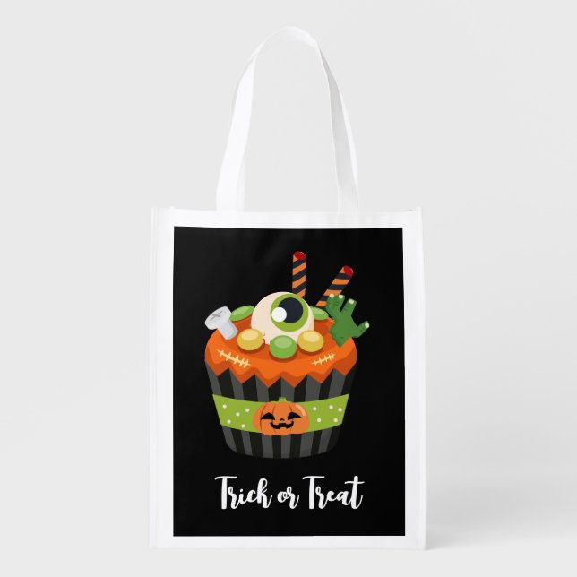 Cute & Creepy Halloween Cupcake with a Big Eyeball Grocery Bag (Front)