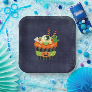 Cute & Creepy Halloween Cupcake with a Big Eyeball Paper Plates
