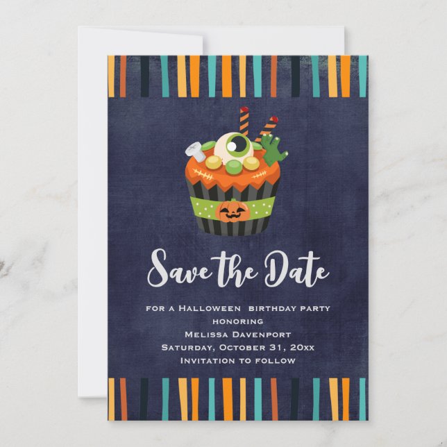 Cute & Creepy Halloween Cupcake with a Big Eyeball Save The Date (Front)