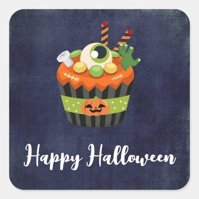 Cute & Creepy Halloween Cupcake with a Big Eyeball Square Sticker (Front)