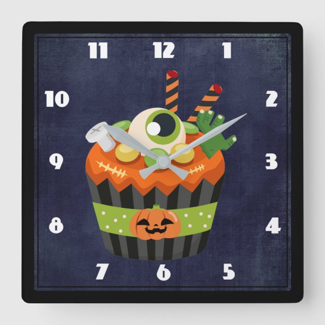 Cute & Creepy Halloween Cupcake with a Big Eyeball Square Wall Clock (Front)