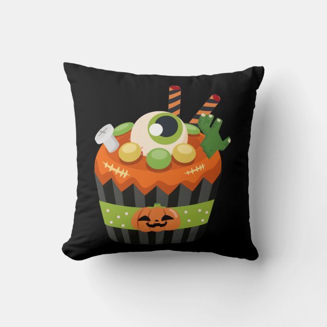 Cute & Creepy Halloween Cupcake with a Big Eyeball Throw Pillow (Front)