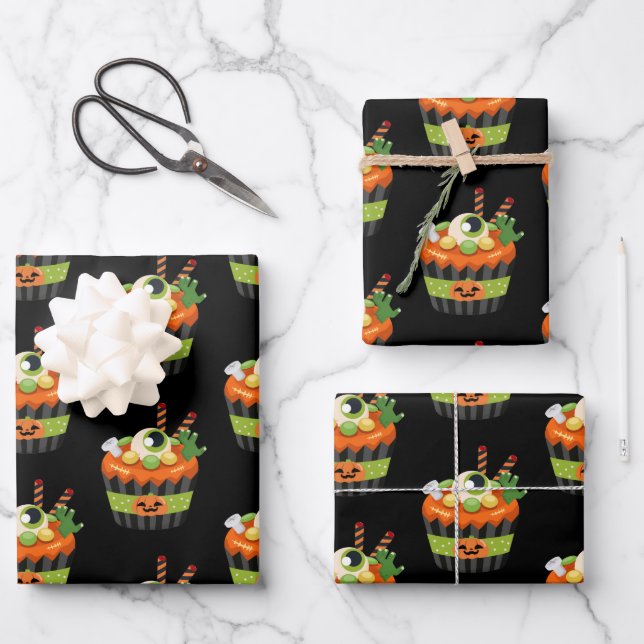 Cute & Creepy Halloween Cupcake with a Big Eyeball Wrapping Paper Sheets (Front)