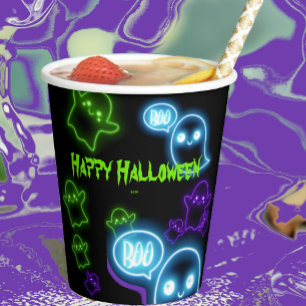 Cute Creepy Neon Boo Ghosts Happy Halloween Paper Cups