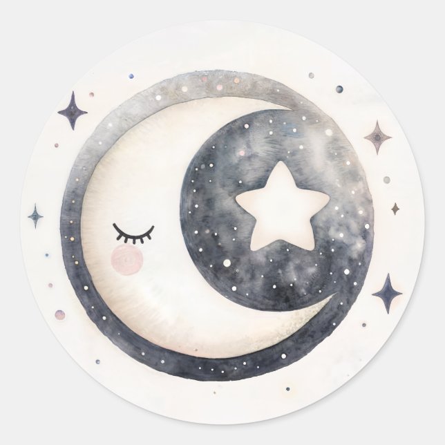 Cute Crescent Moon and Stars Watercolor Classic Round Sticker (Front)