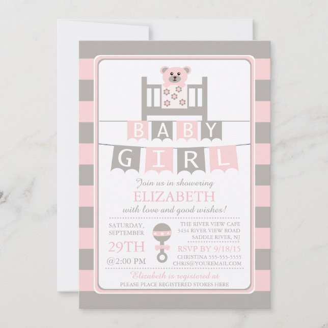 Cute Crib Bear Girls Baby Shower Invitation (Front)