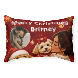 Cute Crimson Christmas Dog Photo Name Pet Bed