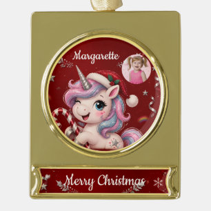 Cute Crimson Christmas Unicorn Girl Photo Gold Plated Banner Ornament
