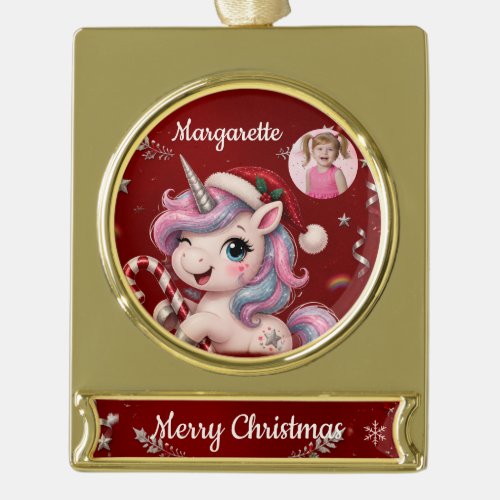 Cute Crimson Christmas Unicorn Girl Photo Gold Plated Banner Ornament