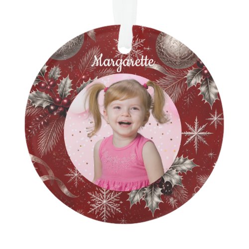 Cute Crimson Christmas Unicorn Girl Photo Ornament