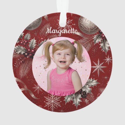 Cute Crimson Christmas Unicorn Girl Photo Ornament