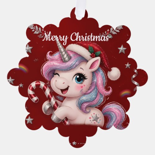 Cute Crimson Christmas Unicorn Girl Photo Ornament Card