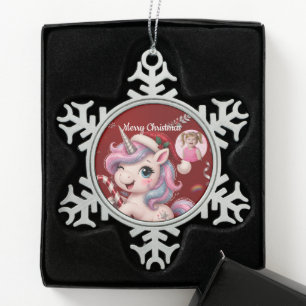 Cute Crimson Christmas Unicorn Girl Photo Snowflake Pewter Christmas Ornament